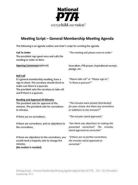 The termswords to use for each part of the business meeting are listed in bold directly below each business meeting part. . Sample script for presiding a meeting
